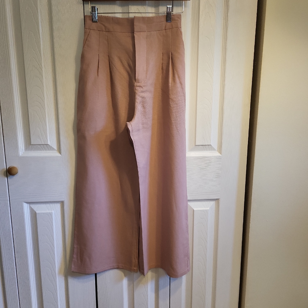 Wide-Leg High-Waist Pink Linen Trousers